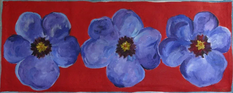 Purple poppies on red canvas runner