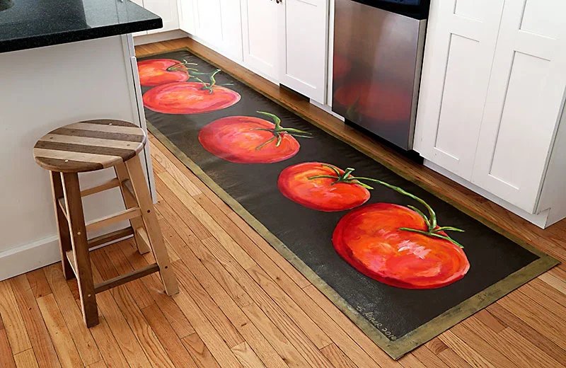 Kitchen with custom canvas runner of tomatoes on black background