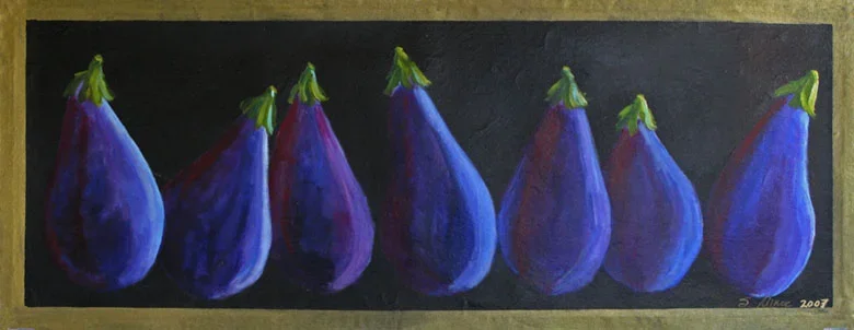 Eggplants on black canvas runner