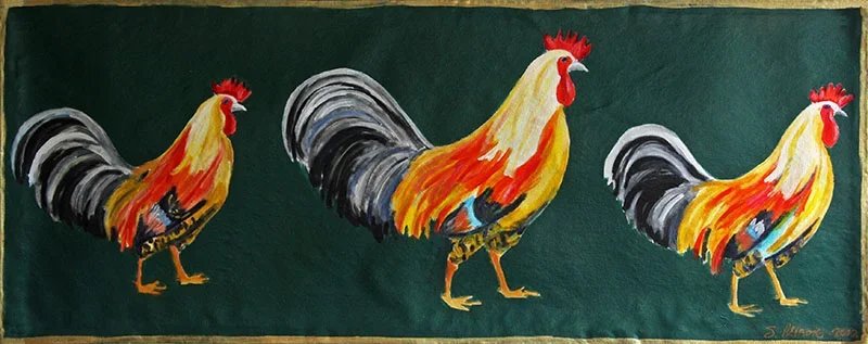 Hand-painted canvas runner of three roosters on green background