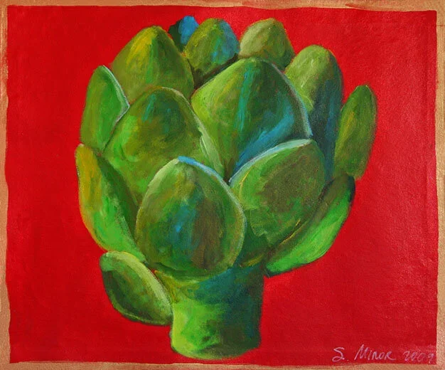 Painting of a green artichoke on a red background