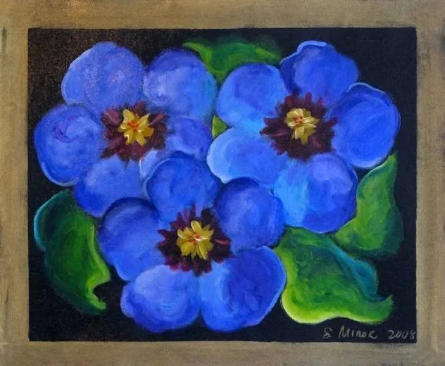 Painting of four blue flowers with green leaves on a dark background.