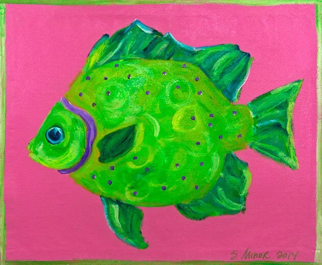Colorful painting of a green fish with purple dots on a pink background.