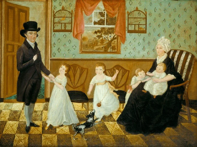 A Victorian-era living room scene with a woman writing, three young girls, a woman with babies, a dog, and decorative elements like birdcages and a landscape painting.