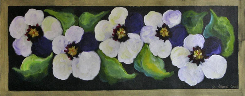 White poppies on black canvas runner