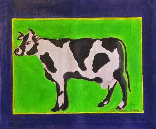 Painted illustration of a black and white cow on a green background with a blue border.
