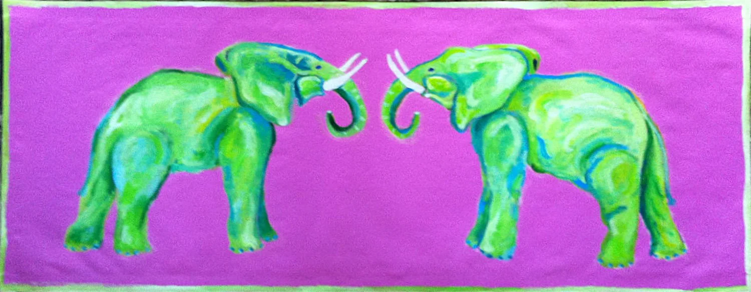 Green elephants on pink canvas runner