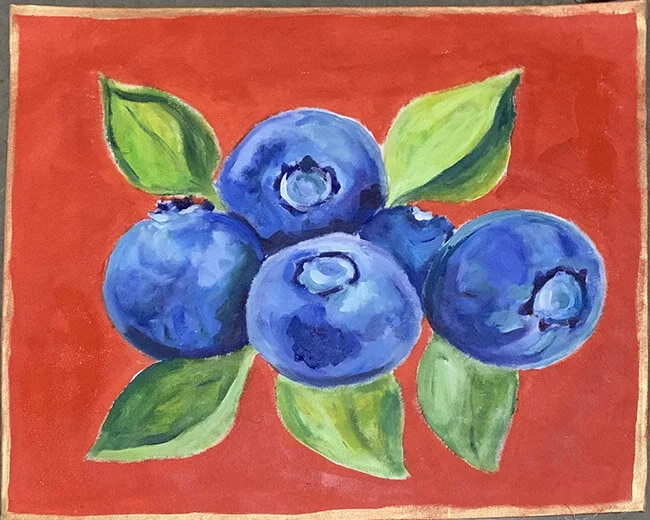 Painting of five blueberries with green leaves against a red background.