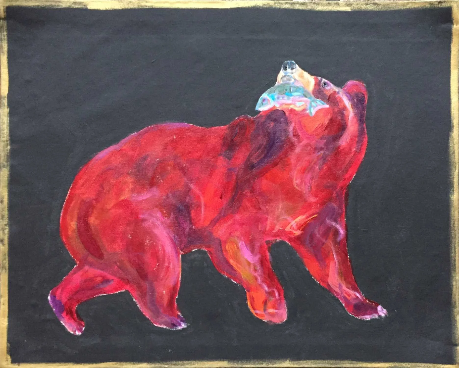 Red bear with trout on black canvas floorcloth