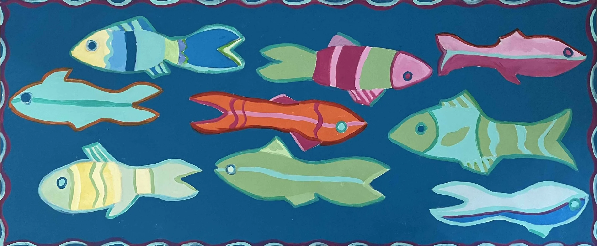 Abstract fish school on blue canvas runner