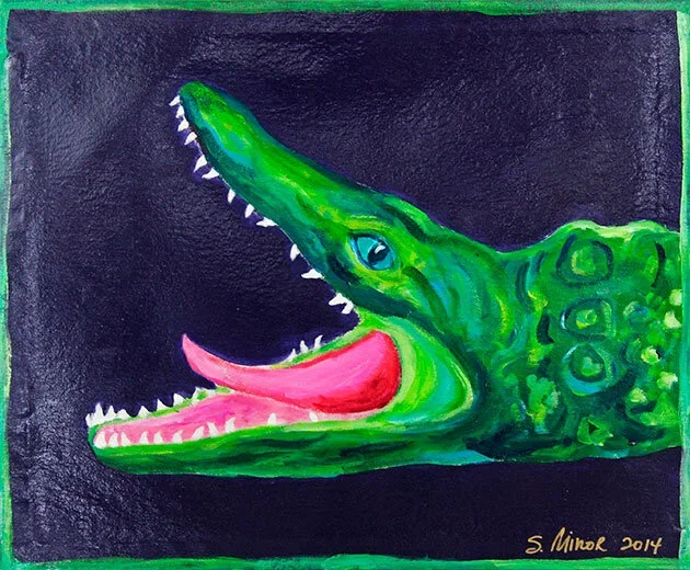 Painting of a green crocodile with its mouth open, showing sharp teeth and a pink tongue, on a black background with a green border.