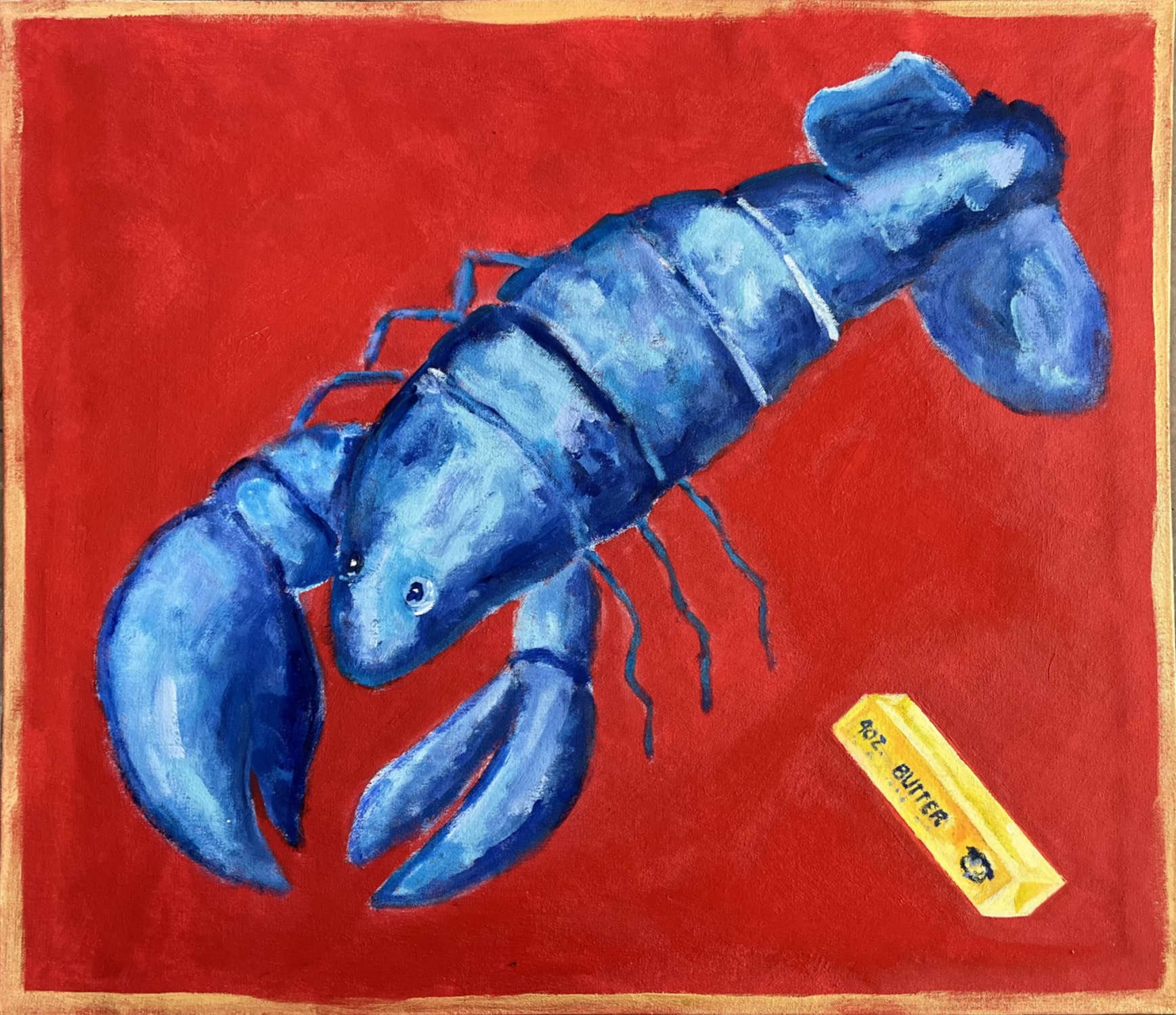 A painting of a blue lobster on a bright red background with a yellow crayon labeled 'OUTER' in the bottom right corner.