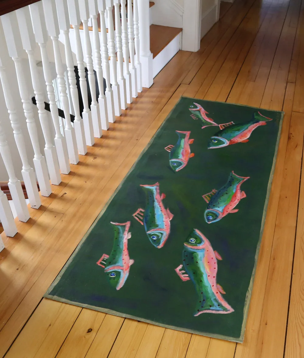 Hallway hand-painted canvas runner of trout on green background