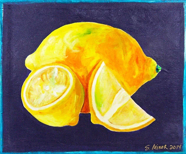 Painting of a whole lemon, a lemon slice, and a lemon wedge on a dark background