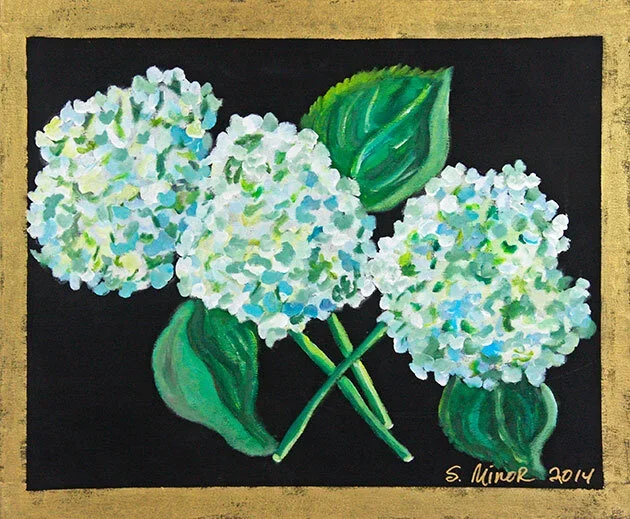 Painting of three white hydrangea flowers with green leaves on a black background, signed by S. Minar, 2014.