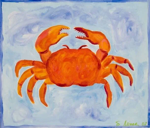 Painting of an orange crab on a blue background.