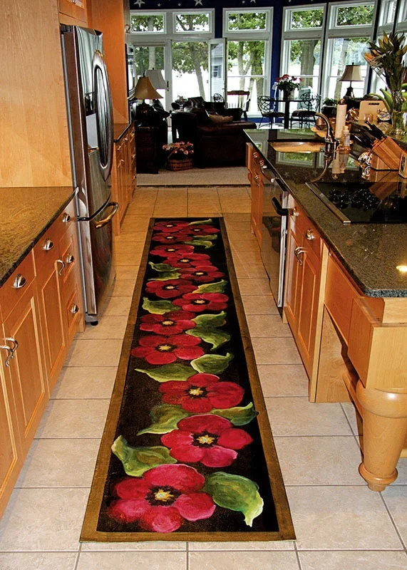 Kitchen with custom 15 foot hand-painted canvas runner of red poppies on black background