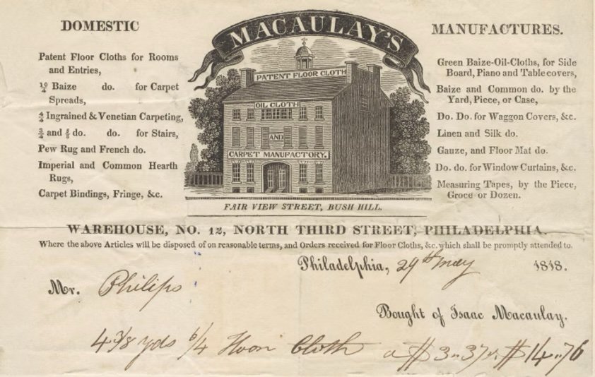 A vintage advertisement for Macaulay's manufacturing company, featuring an illustrated building with signage for patent floor cloth, oil cloth, carpet manufactory, and other textiles. The ad provides the company's address in Philadelphia and lists products like patent floor cloths, carpets, and oil cloths. It is dated May 29, 1818.