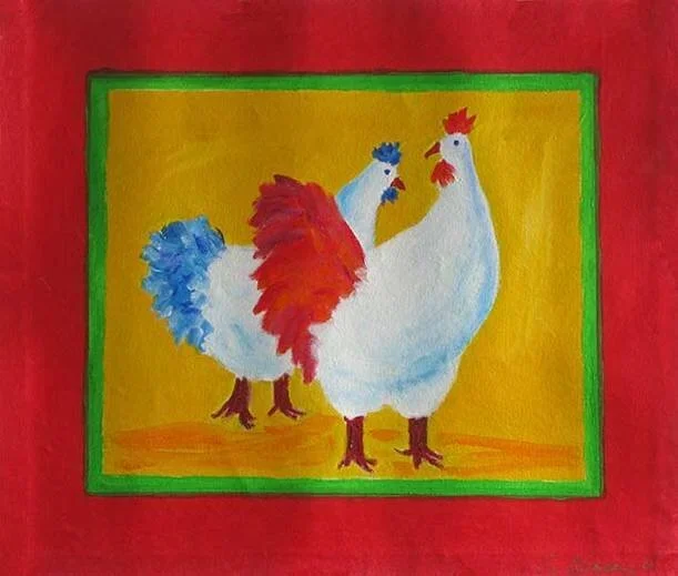 Painting of two chickens with red, white, and blue feathers on a yellow background, surrounded by a green frame and red border.