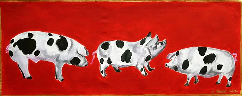 Porkies on red canvas runner