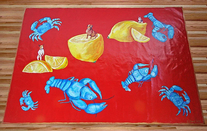 Custom large (15' square) hand-painted canvas runner of lobsters, crabs, lemons and pets on red background
