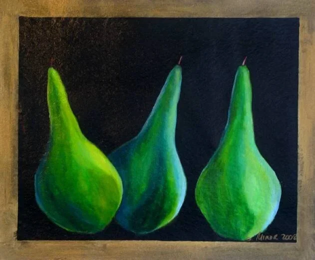 A painting of three green pears against a dark background.