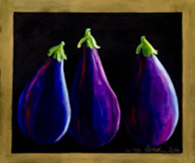 Painting of three purple eggplants with green tops on a black background.