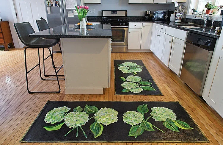 Kitchen with matching hand-painted canvas runner of hydrangeas on black background