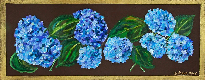 Blue hydrangeas on brown canvas runner