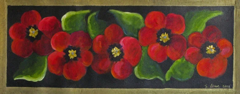 Red poppies on black canvas runner