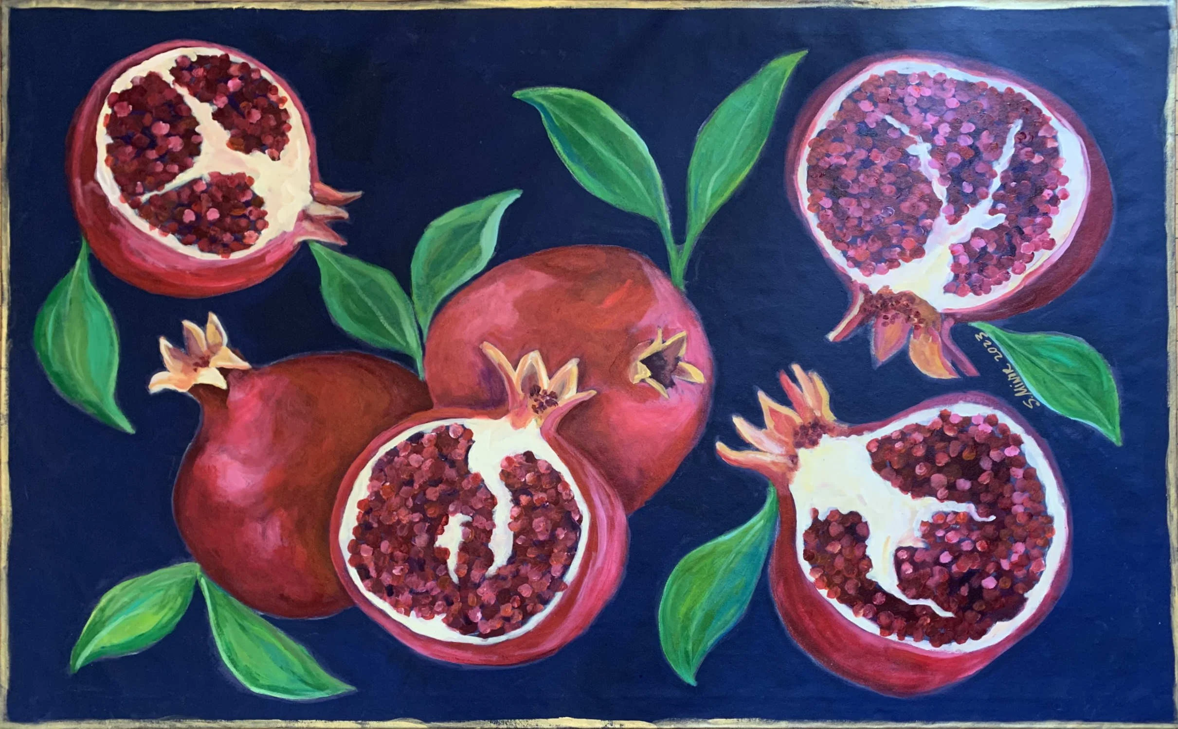 Hand-painted custom canvas runner of pomegranates on a dark blue background