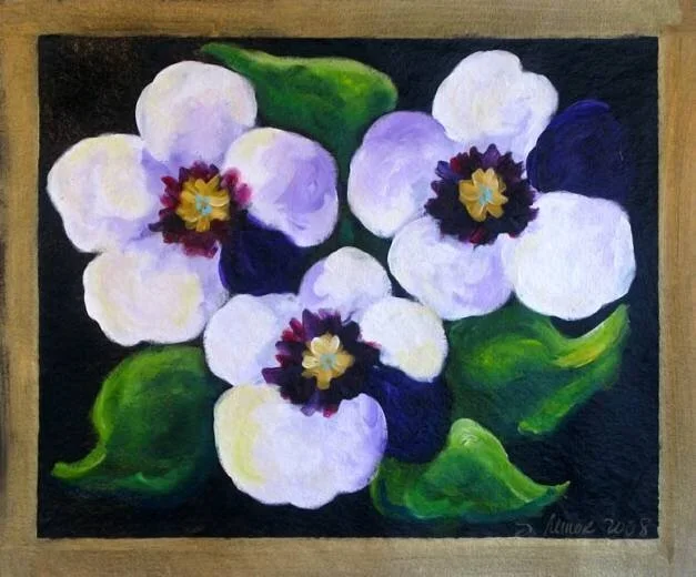 Painting of white and purple flowers with yellow and dark centers, surrounded by green leaves, on a black background.