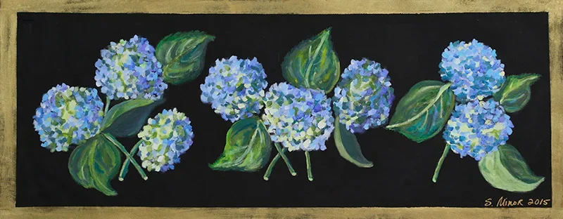 Blue hydrangeas on black canvas runner