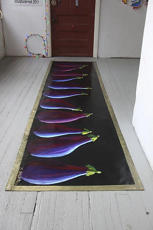 Hallway with custom hand-painted canvas runner of eggplants on black background