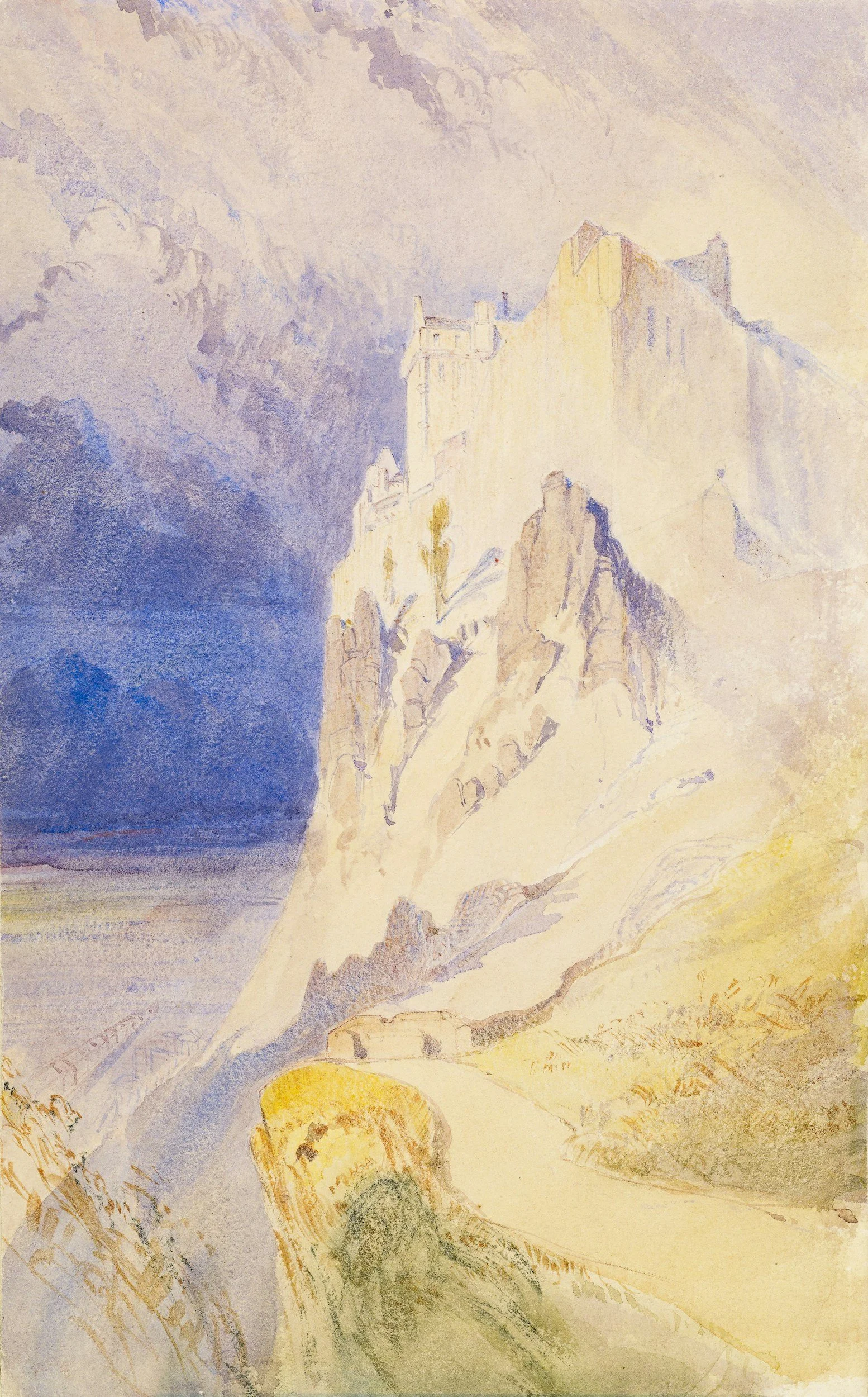 Aquarellmalerei eines Bergpanoramas mit einer Festung auf einem Hügel und einem Fluss im Vordergrund.