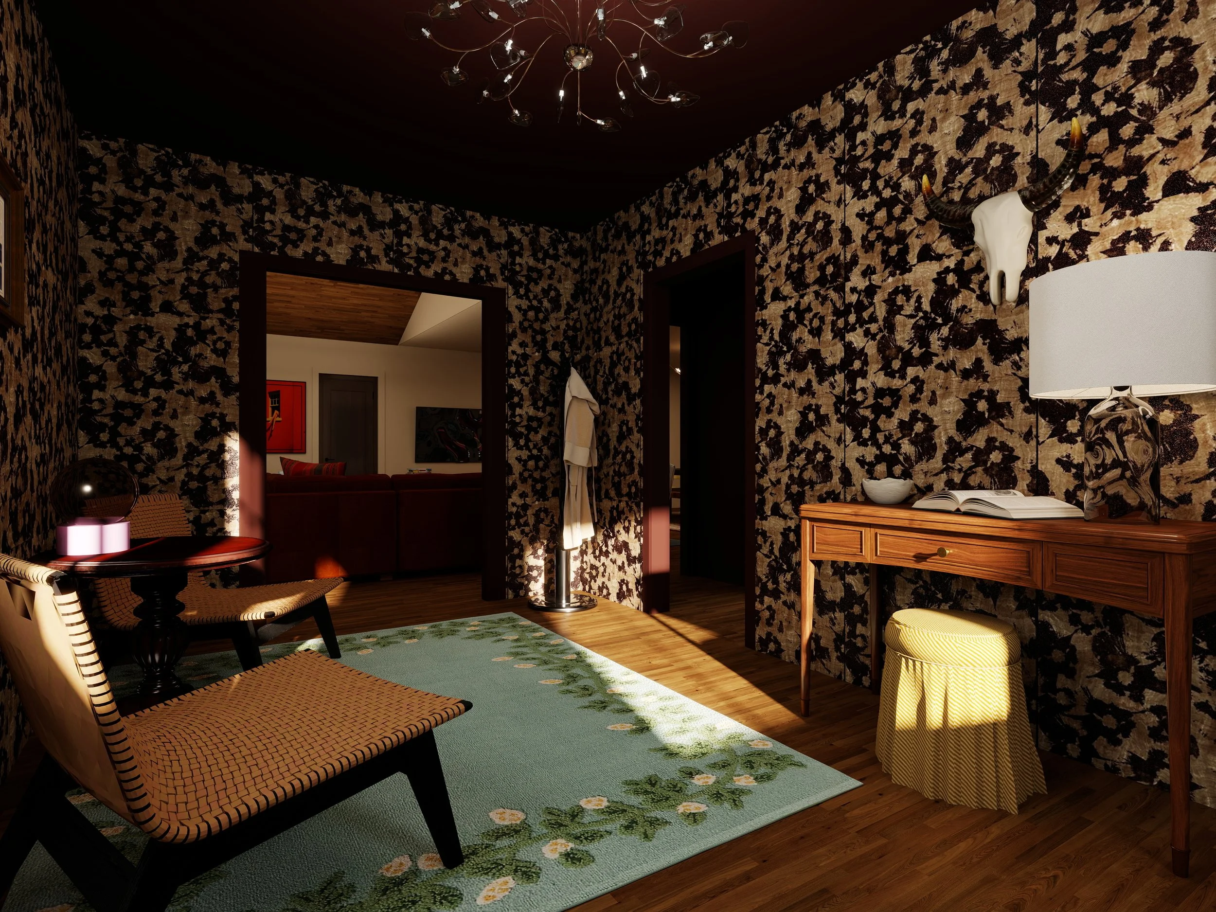 Interior view of a room with floral wallpaper, a wooden desk with a lamp and decorative items, chairs, a green floral rug, and a chandelier hanging from the ceiling. Photorealistic rendering not using AI generation tools.