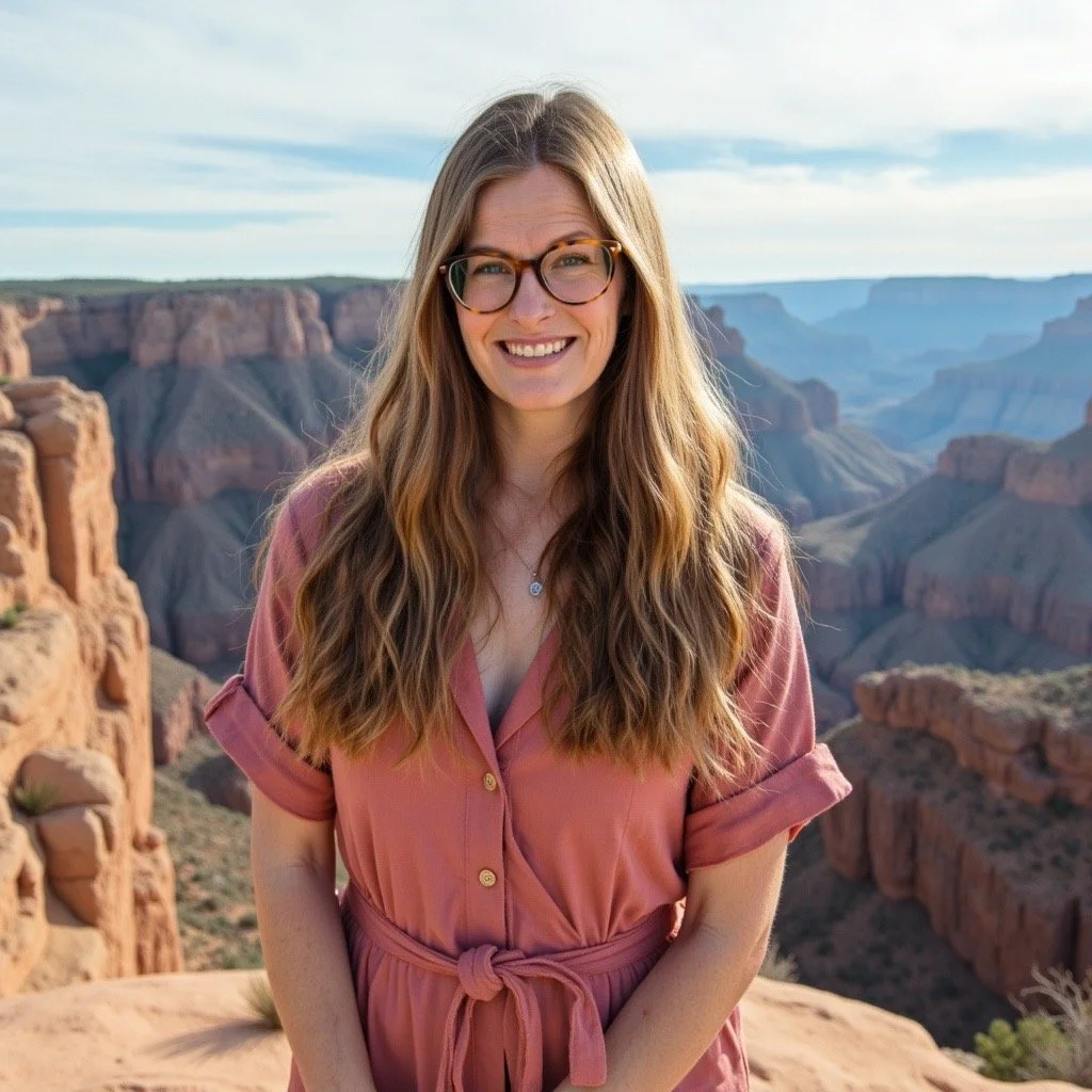 A woman with long wavy hair, glasses, and a pink button-up dress with rolled sleeves and a tied waist, standing at the Grand Canyon with the canyon's layered cliffs and a partly cloudy sky in the background.