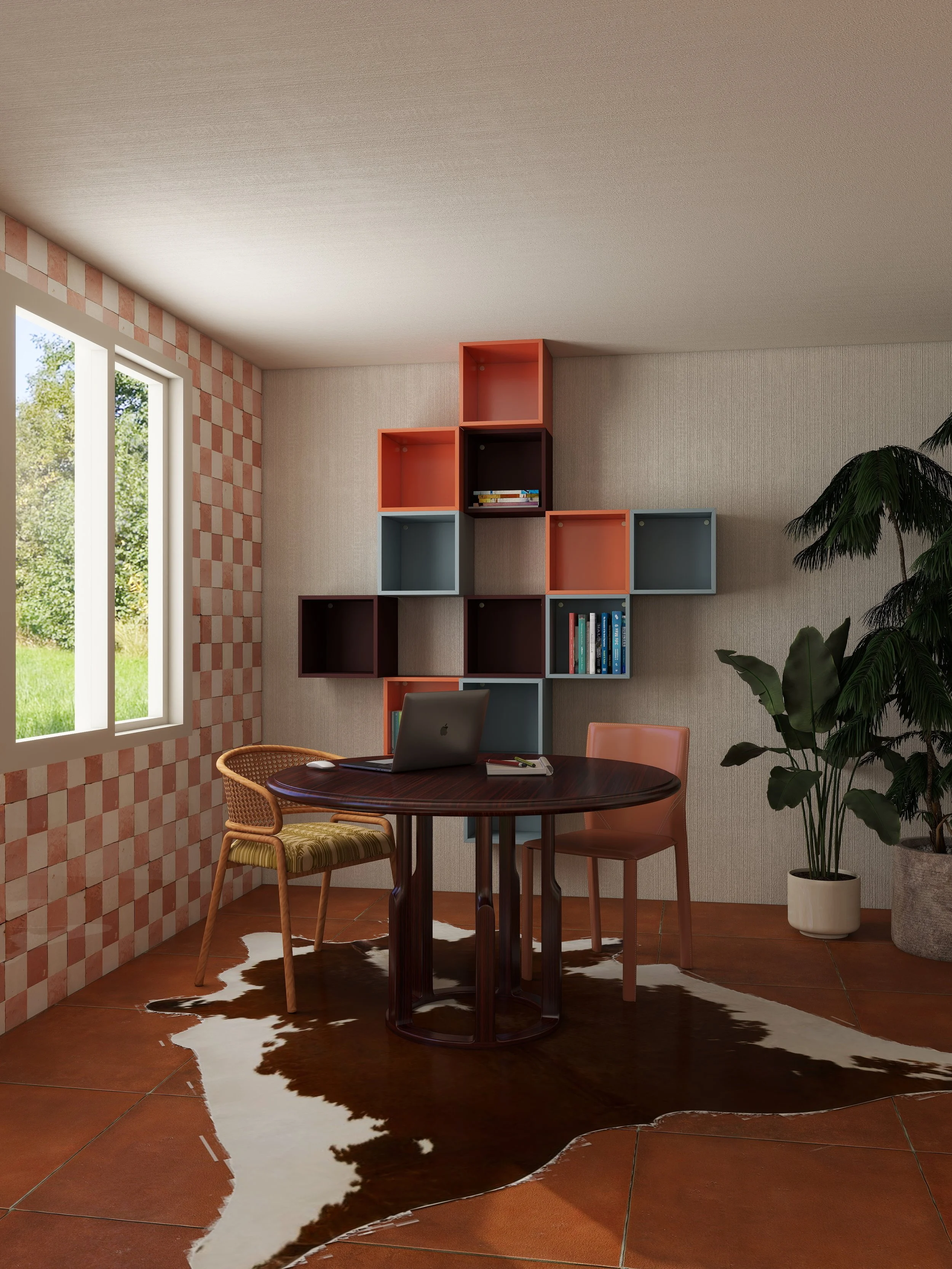 Interior of a room with a round wooden dining table, two chairs, a cowhide rug, colorful wall-mounted cubed shelves, a large green plant, and a window showing greenery outside. Photorealistic rendering not using AI generation tools.