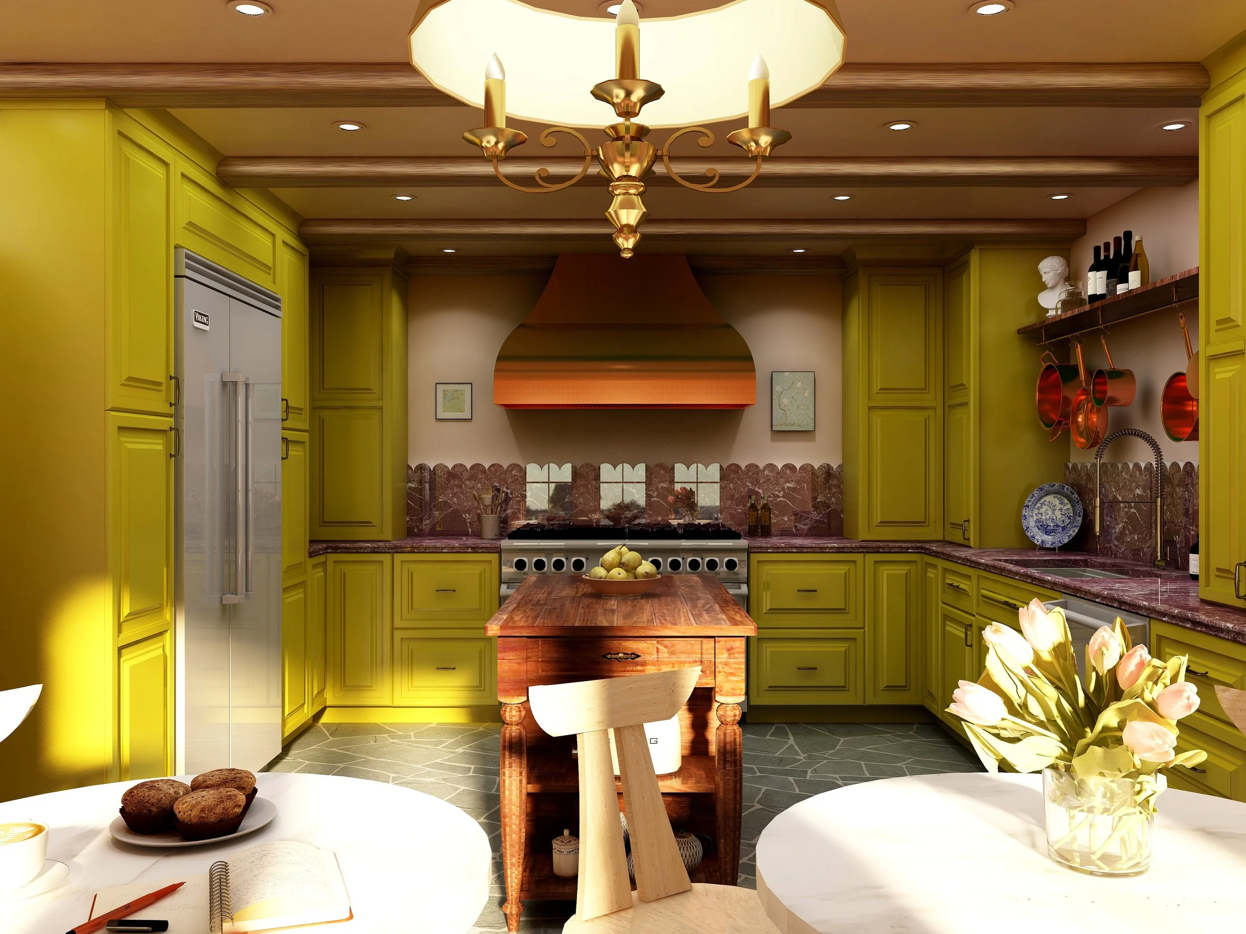 Bright yellow kitchen with green cabinetry, wooden ceiling beams, a chandelier, red pots hanging on a wall, a stove, bottles, flowers, and bowls of apples and muffins. Photorealistic rendering not using AI generation tools.