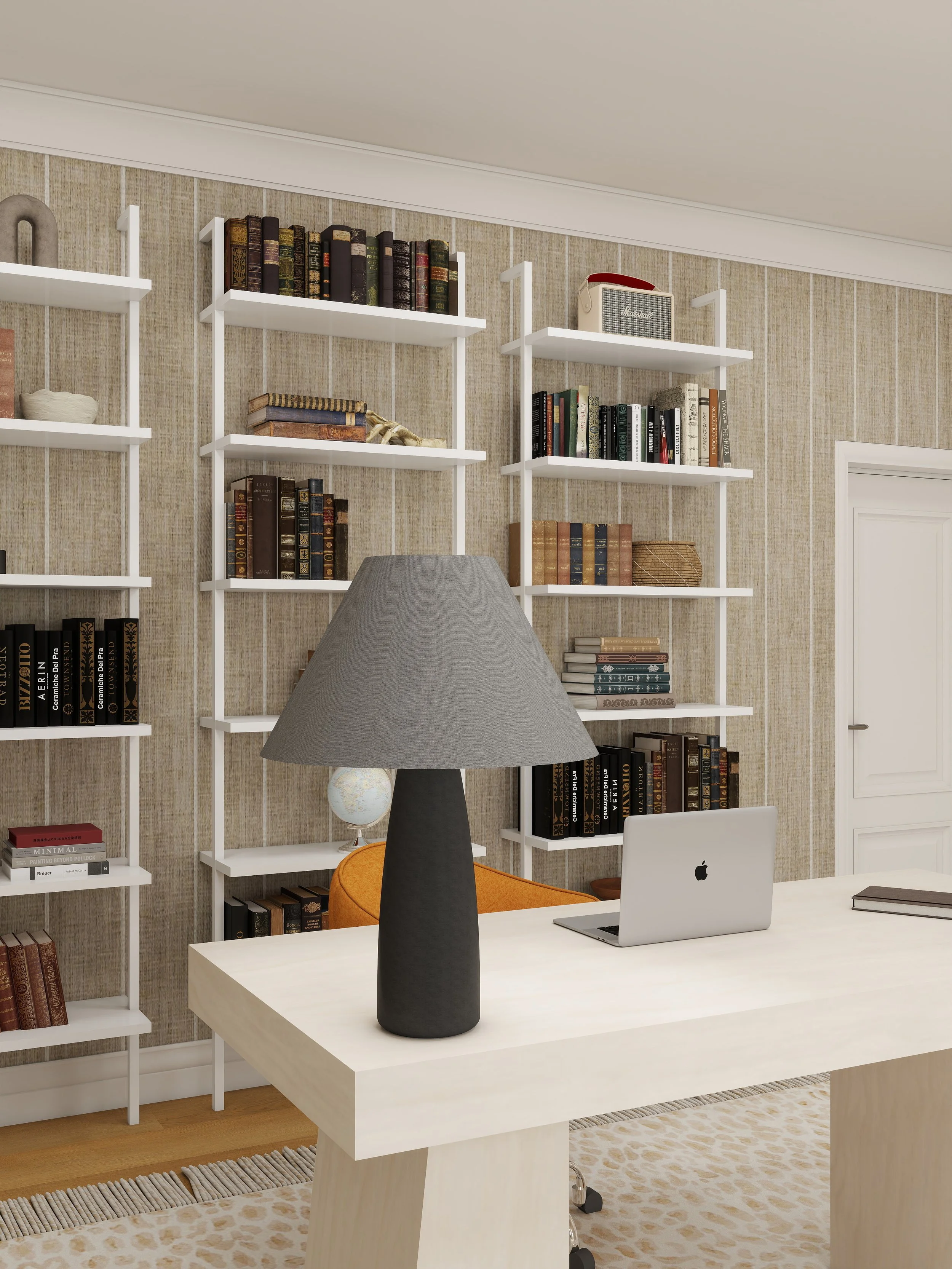 Home office with white desk, gray lamp, orange chair, bookshelf with books, and laptop. Beige carpet and textured wallpaper. Photorealistic rendering not using AI generation tools.