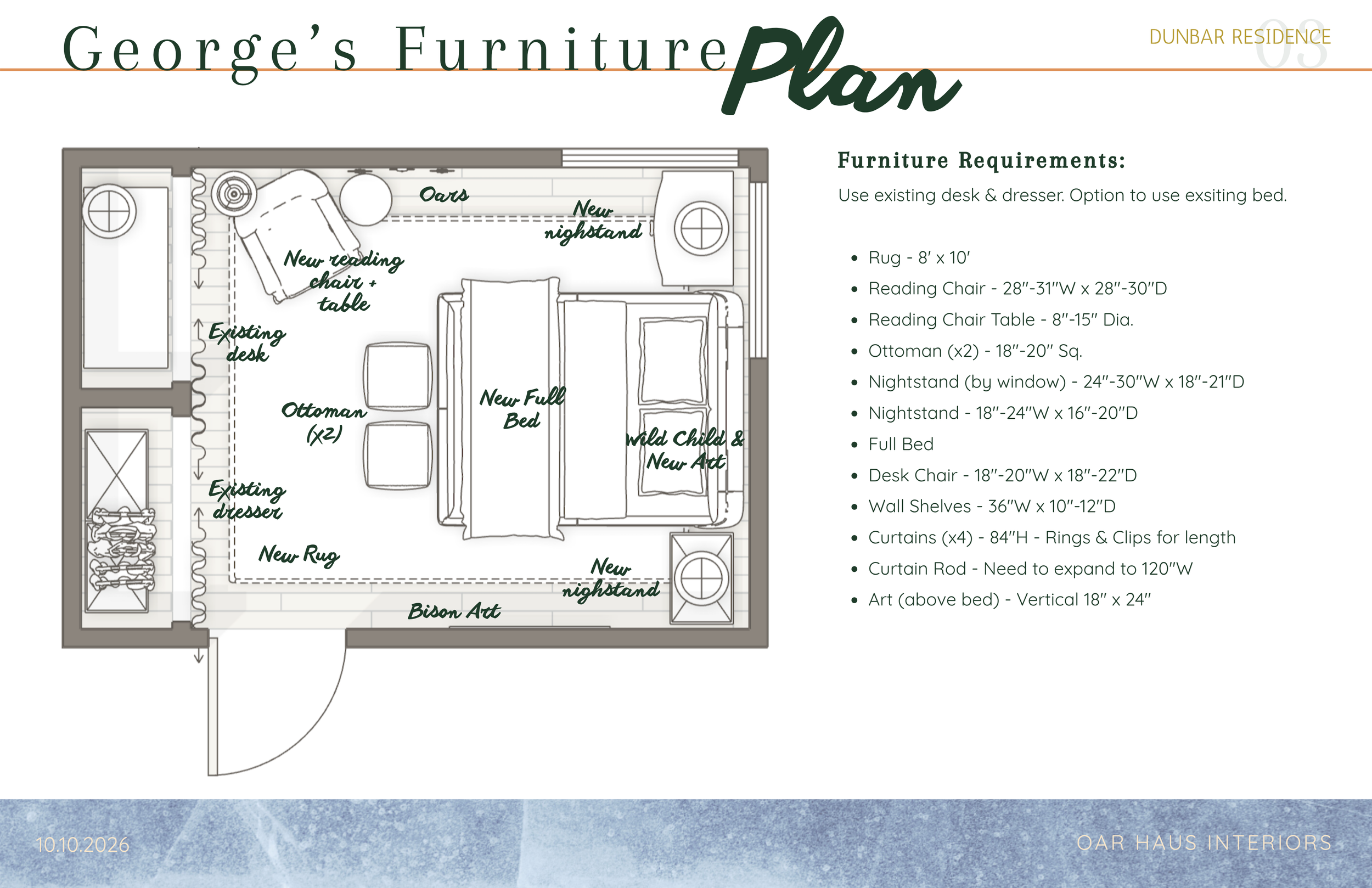 Furniture plan for the bedroom with a furniture guide.
