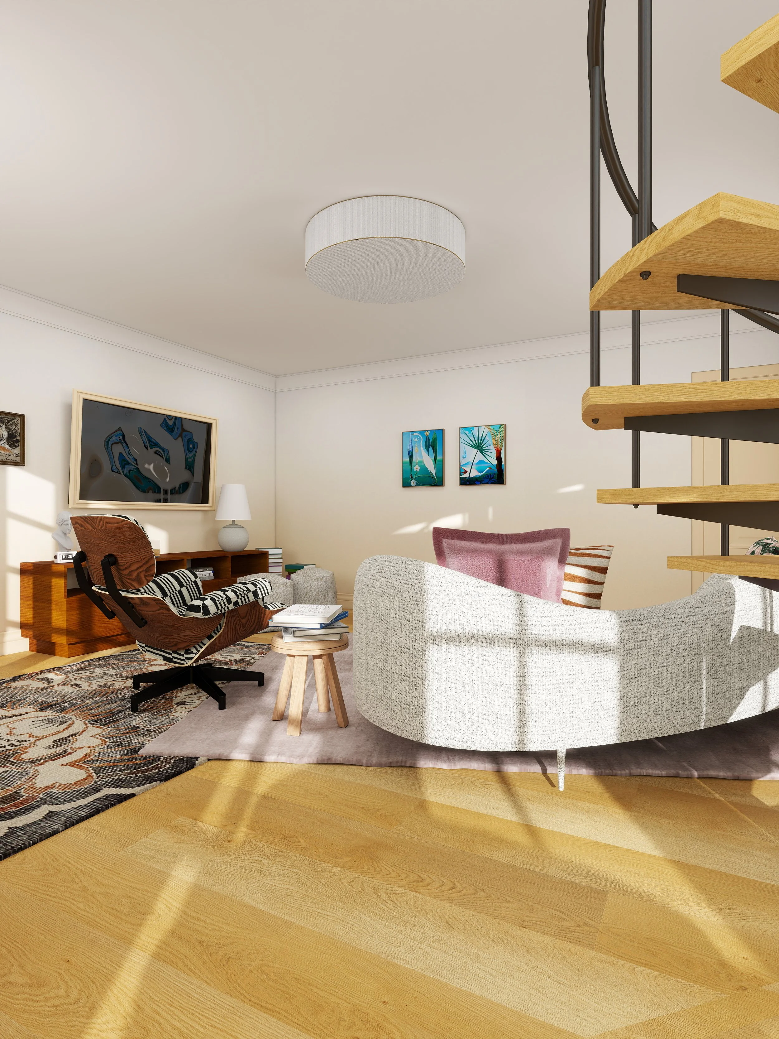 Cozy living room with white walls, light wood flooring, modern white curved sofa, black and pink armchair, abstract paintings, a flat-screen TV, a white lamp, a wooden coffee table, and a patterned rug.