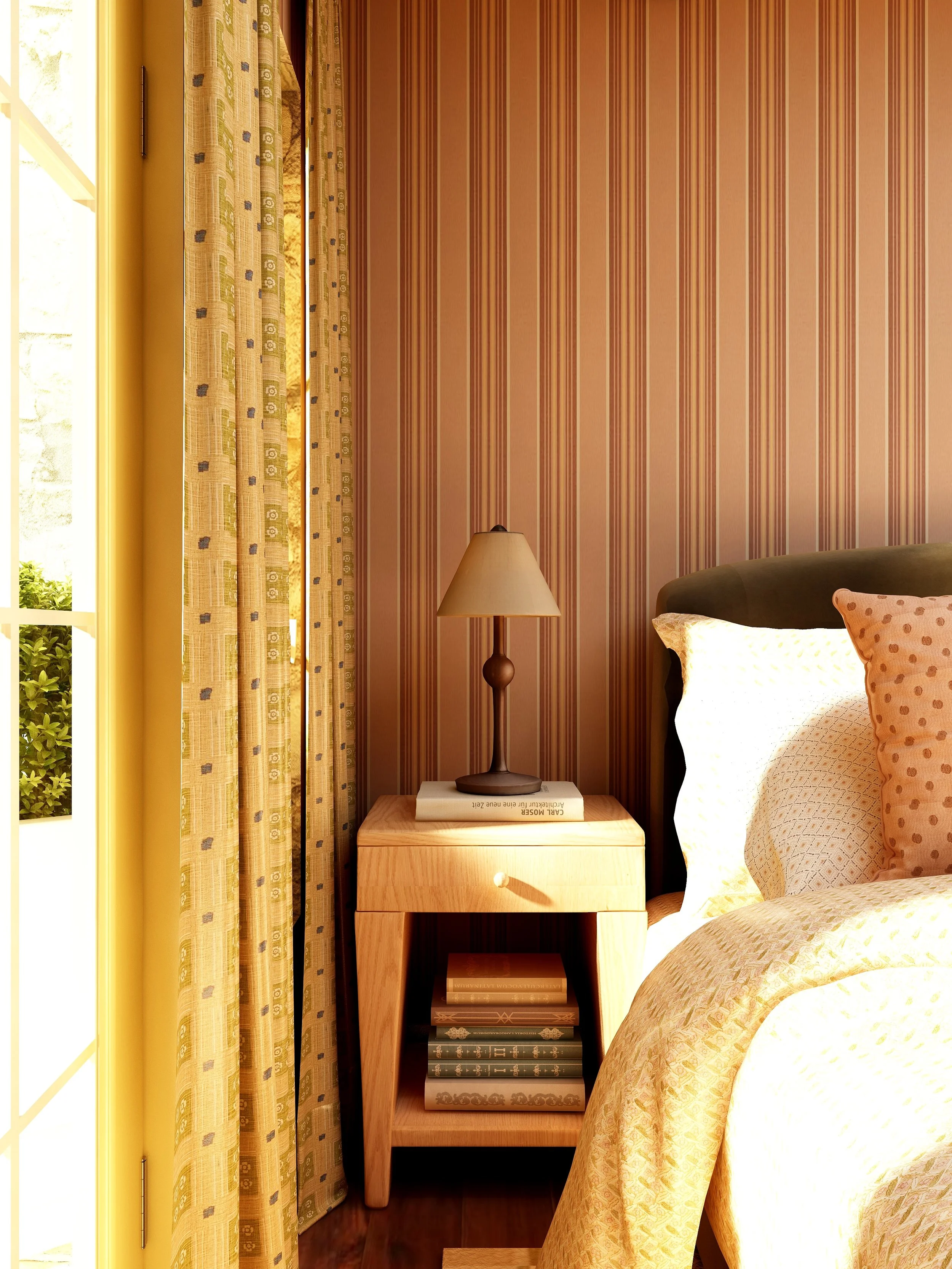 A bedroom corner with a wooden nightstand, a table lamp, part of a bed with yellow and pink patterned bedding, a window with yellow trim, and curtains with a geometric pattern. Photorealistic rendering not using AI generation tools.