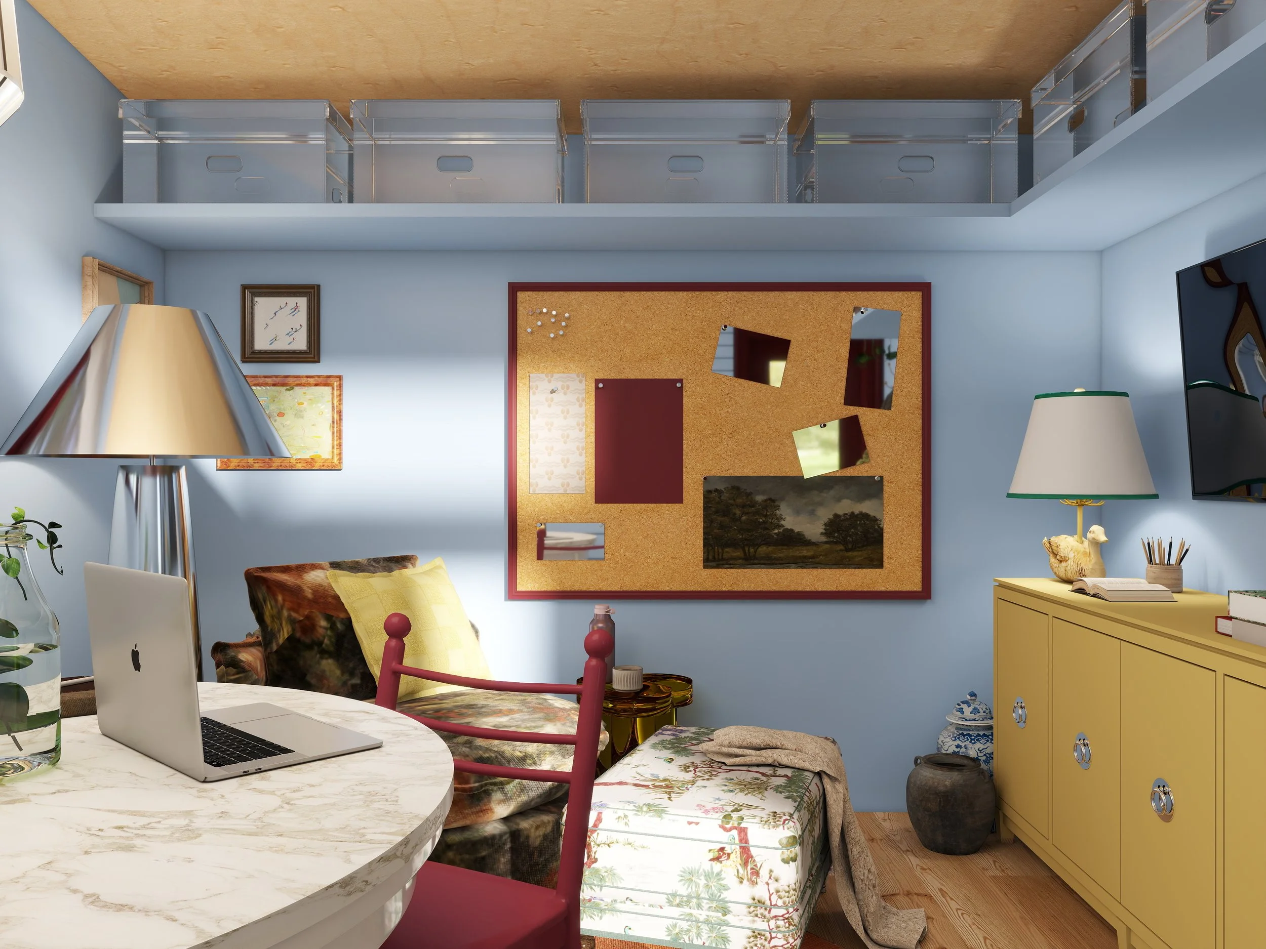 A cozy room with a blue wall, a cork bulletin board, and artwork. There is a white marble table with an Apple MacBook, a glass of water, and a plant. A pink chair and a floral armchair are nearby. A yellow cabinet, a lamp with a green shade, and a flat-screen TV are in the room, along with decorative items like a large vase and books.