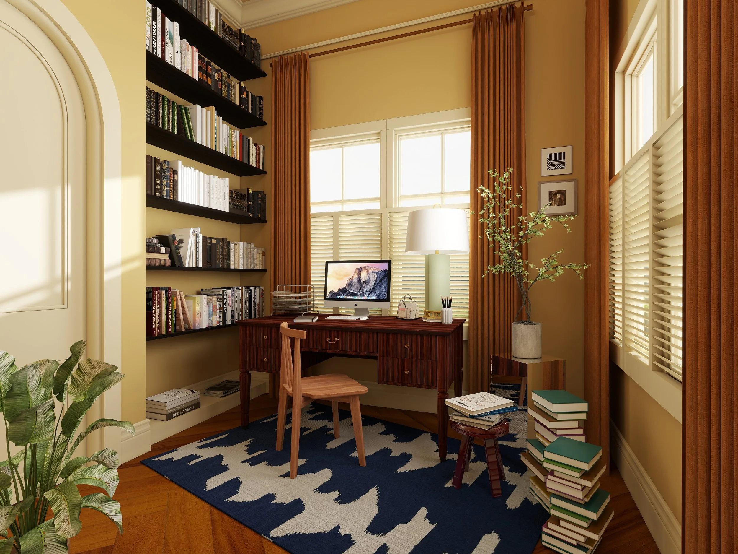 A cozy home office with a desk, a computer, bookshelves filled with books, a table lamp, framed wall art, a potted plant, and a window with blinds and drapes. Photorealistic rendering not using AI generation tools.