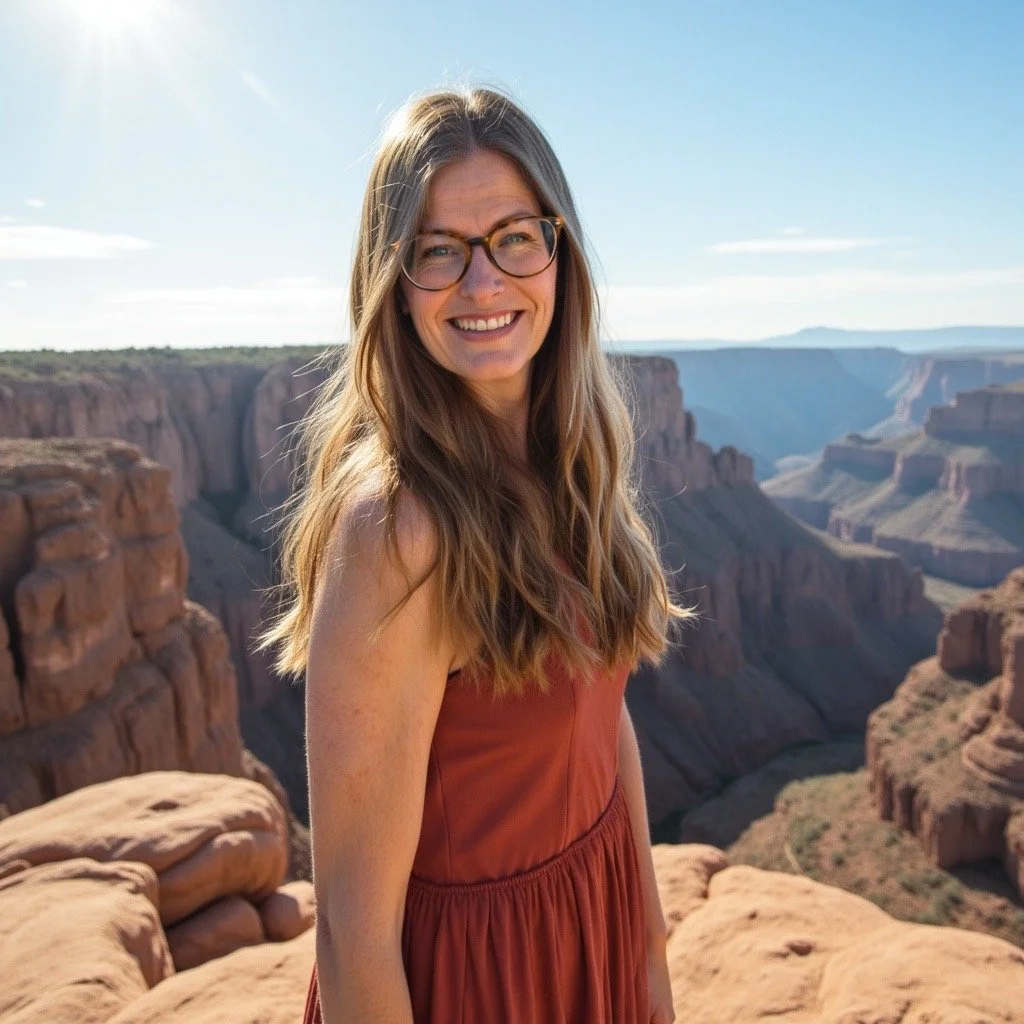 A young woman with long wavy hair and glasses smiling at the camera at the Grand Canyon on a sunny day.