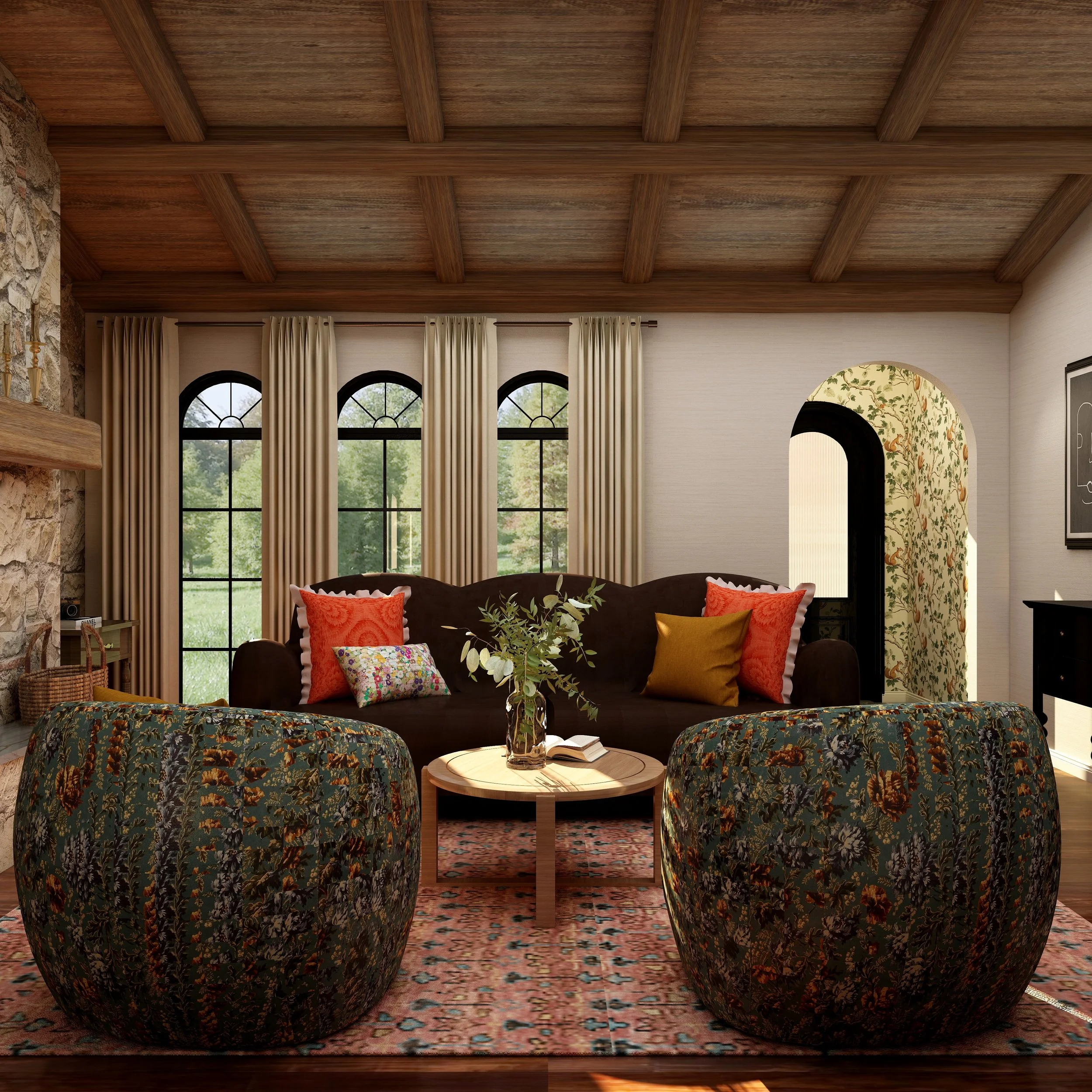 Interior of a room with a wooden beamed ceiling, large arched windows with cream curtains, floral patterned armchairs, a round wooden table with a glass vase and plants, and a floral rug. Photorealistic rendering not using AI generation tools.