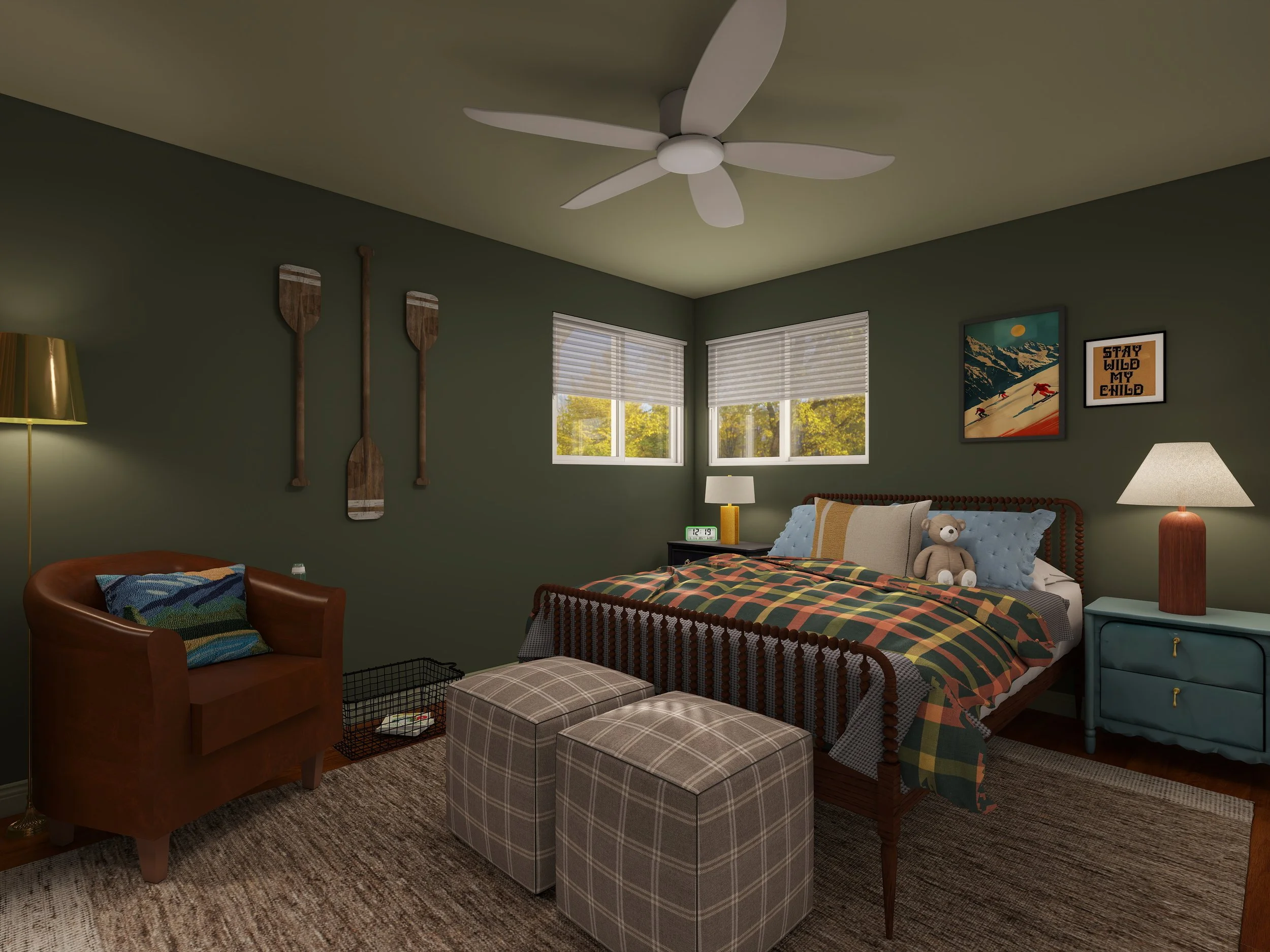 Rendering of a bedroom design.