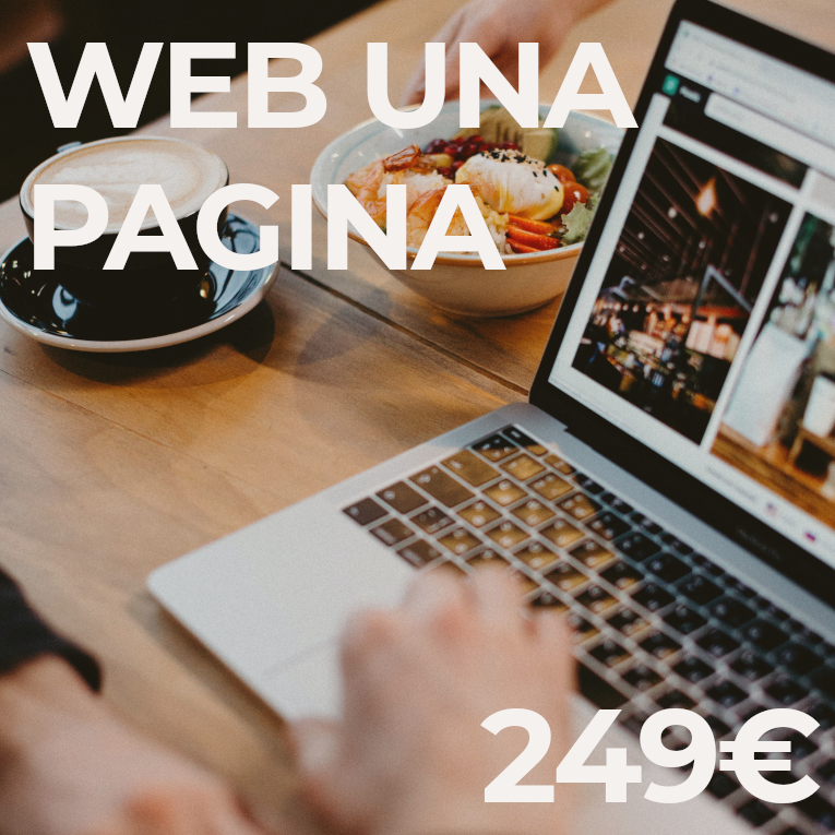 Persona usando una laptop en una mesa con café y un tazón de comida, sobre fondos borrosos de una cafetería o cafetería. Texto superpuesto dice: 'WEB UNA PAGINA 249€'.