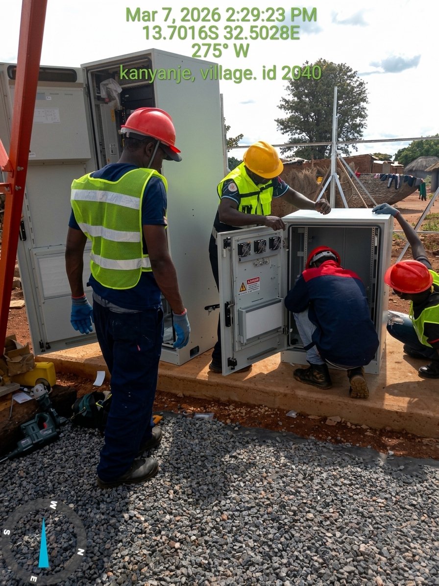 Four workers wearing safety helmets and vests working on an electrical cabinet outdoors on a construction site. One is standing, two are kneeling, and one is opening the cabinet.